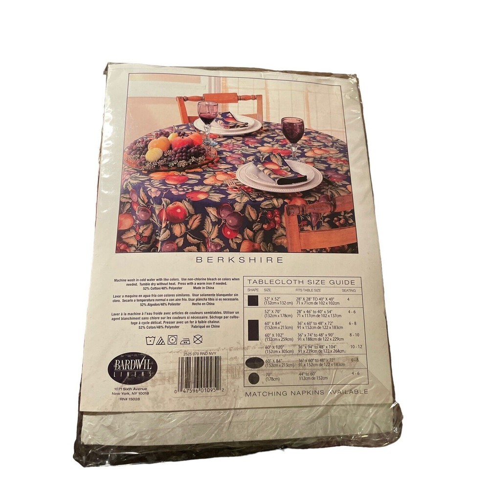 Bardwil Linens Tablecloth 70” Round Navy With Fruit VTG